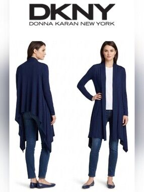 DKNY Cozy Navy Cashmere Silk Open Front Long Cardigan Wrap Duster Sweater M L